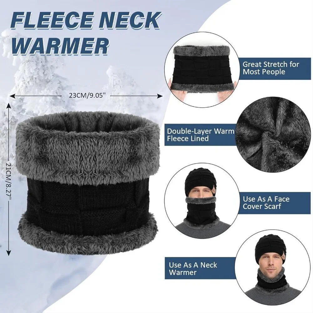 Men's Black 1 Winter Warm Knit Skull Cap Neck Warmer Fleece Lined Hat Scarf Set